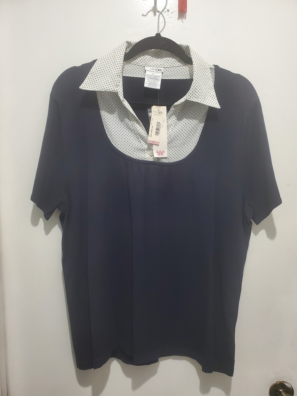East 5th Navy Top with White Polka Dot Collar